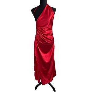 Womens Red Satin One Shoulder Ruched Maxi Dress Size L Old Hollywood Glam Prom